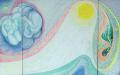 Felhőből született napbabák (Triptichon), 1986 kl, világító akril, vászon, (2x) 120x35 cm; 120x120 cm