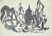 Torony délután, 1968 kl, golyóstoll, papír, 10,5x15 cm