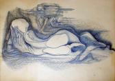 Felhőszínház, 1980 kl, golyóstoll, színes tus, papír, szárazpecséttel, 61x86 cm