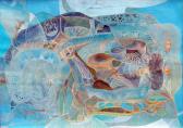Táj türkizben, 1970 kl, olaj, vegyes technika, papír, 62x86 cm